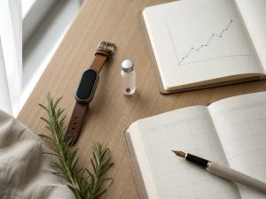 Wearable, Blutröhrchen und Notizbuch mit ansteigender Kurve auf hellem Holztisch