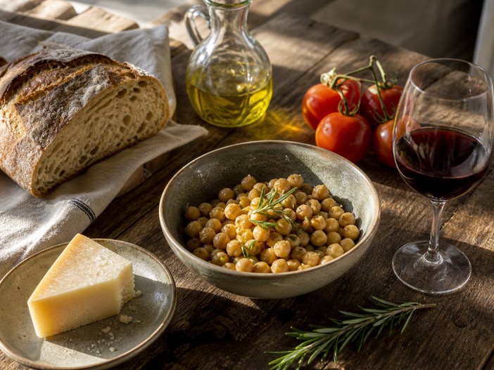 Mediterraner Holztisch mit Sauerteigbrot, Olivenöl, Tomaten, Pecorino, Kichererbsen und Rotwein