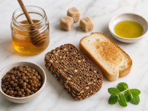 Honig, Zuckerwürfel, Vollkornbrot neben Weißbrot, Linsen, Minze und Olivenöl auf Marmor