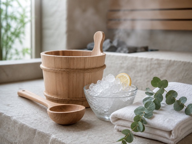 Sauna-Eimer aus Holz, Schale mit Eiswürfeln und Zitrone, gefaltete Handtücher mit Eukalyptus