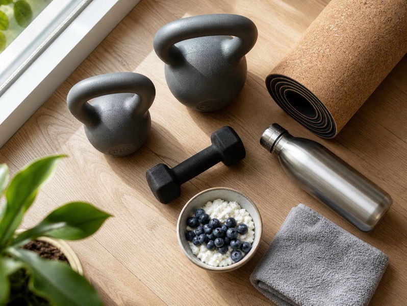 Kettlebells, Kurzhantel, Korkmatte, Edelstahlflasche und Hüttenkäse mit Heidelbeeren