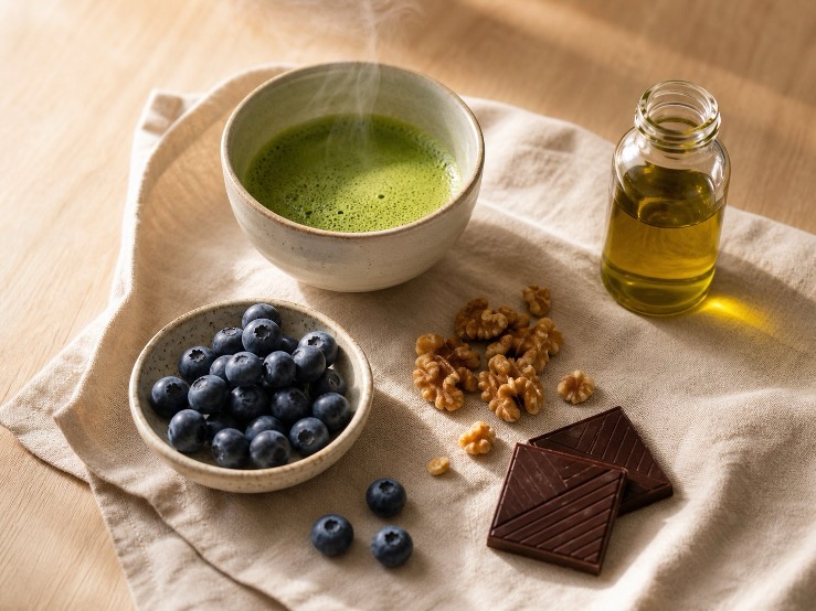 Heidelbeeren, Walnüsse, Zartbitterschokolade, Matcha und Olivenöl auf Leinen und Holz