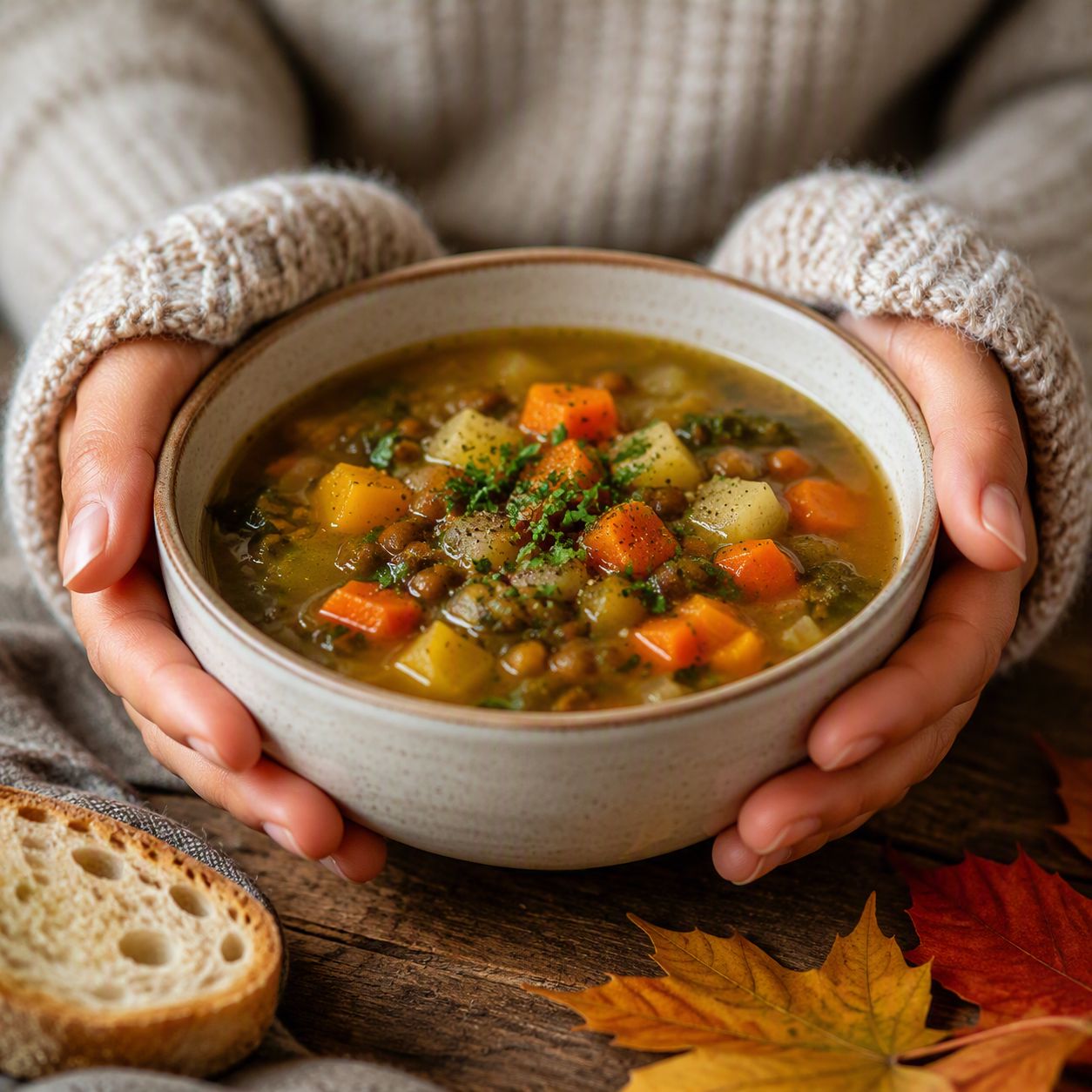 Warme Herbst Suppe in Händen